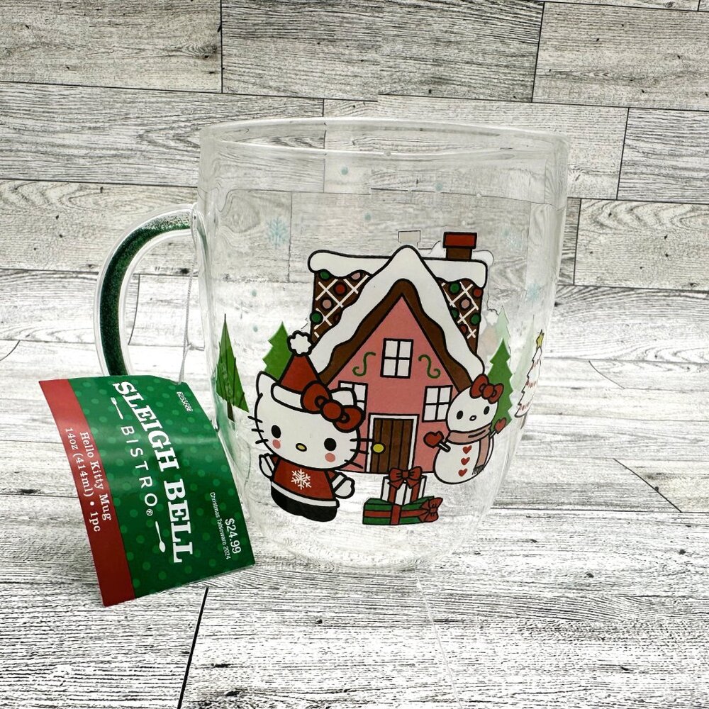 Brand New Sleigh Bell Bistro Hello Kitty 14 Oz Christmas Mug w/Glitter Handle